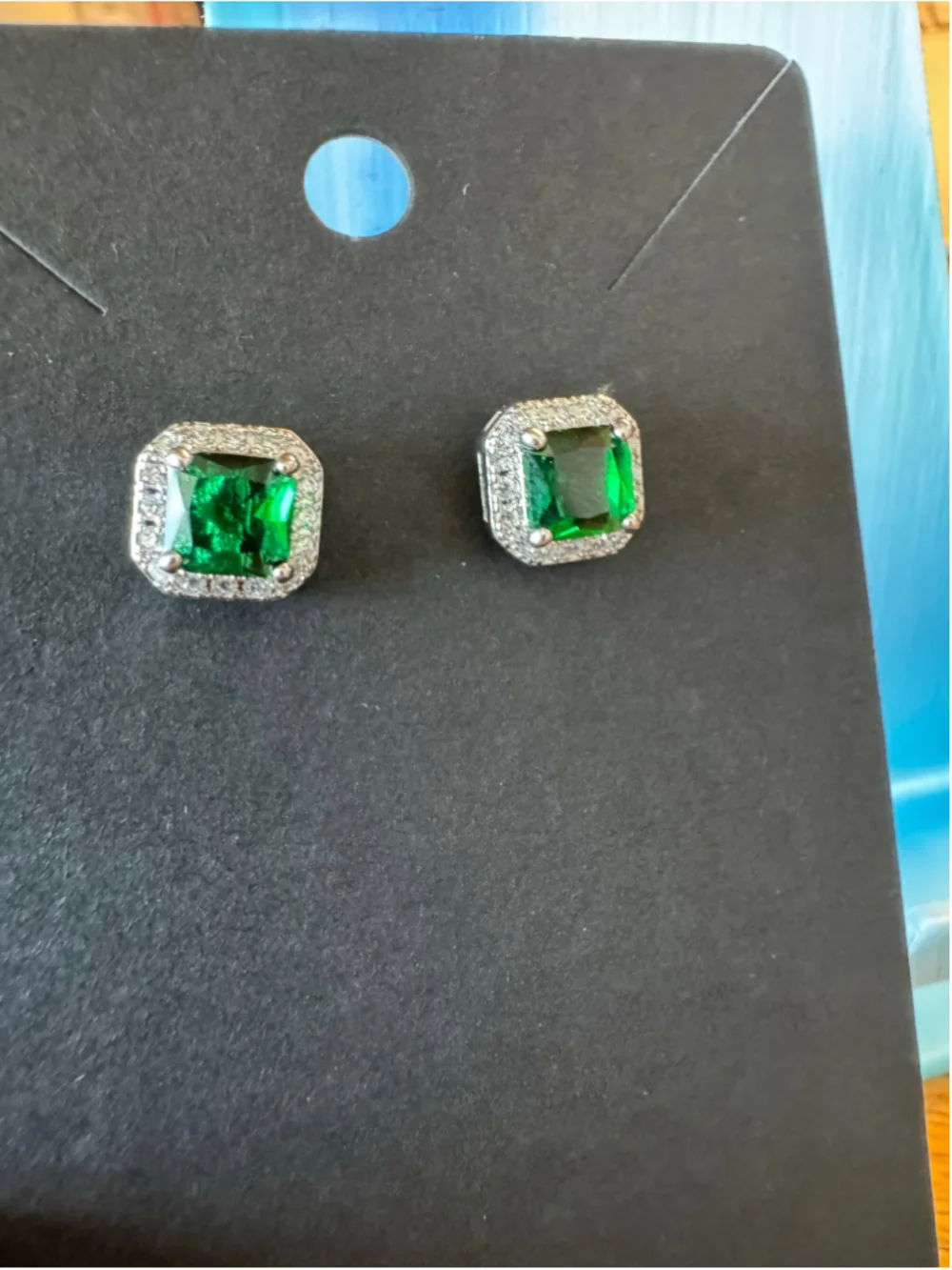 Green & Silver Moissanite Emerald Cut Stud Earrings - Brand New